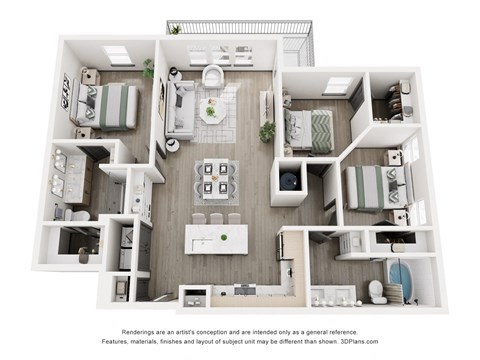 Floor plan for 3 beds, 2 baths, 1307 sqft